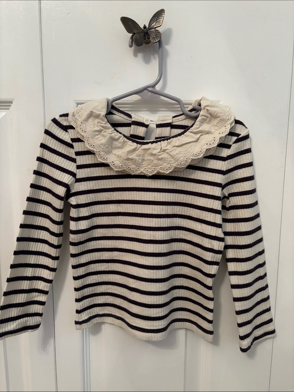 next Black & Cream Striped Ruffle Collar Long Sleeve Tee